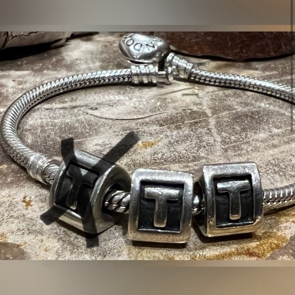 Authentic Pandora alphabet block letter T in oxidized silver Charm Bead